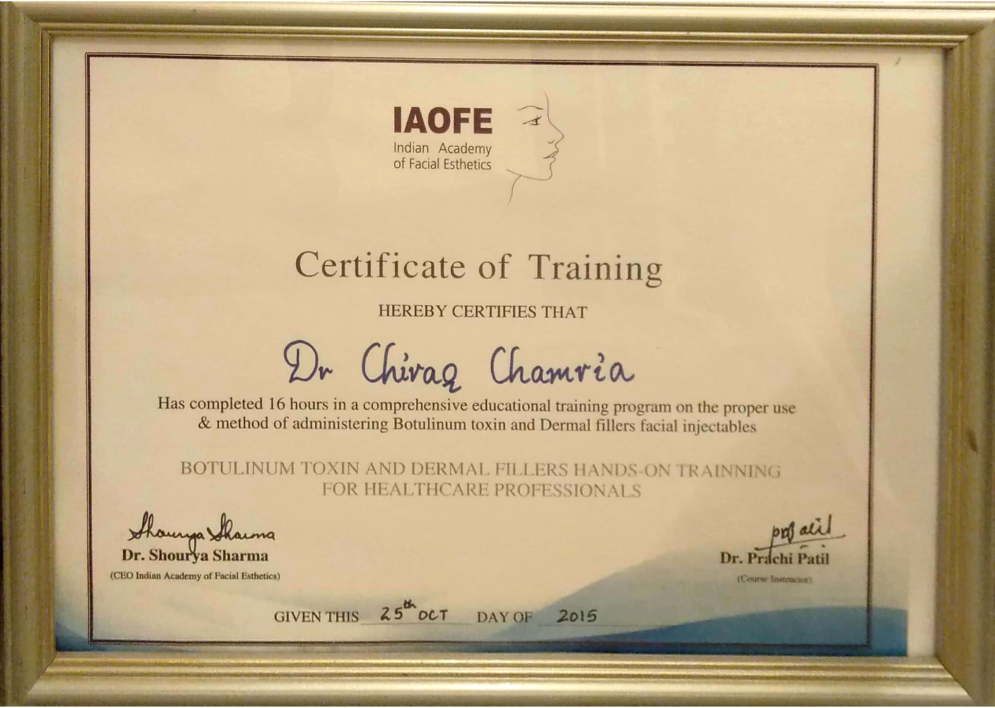 Dr Chirag Chamria Certificate